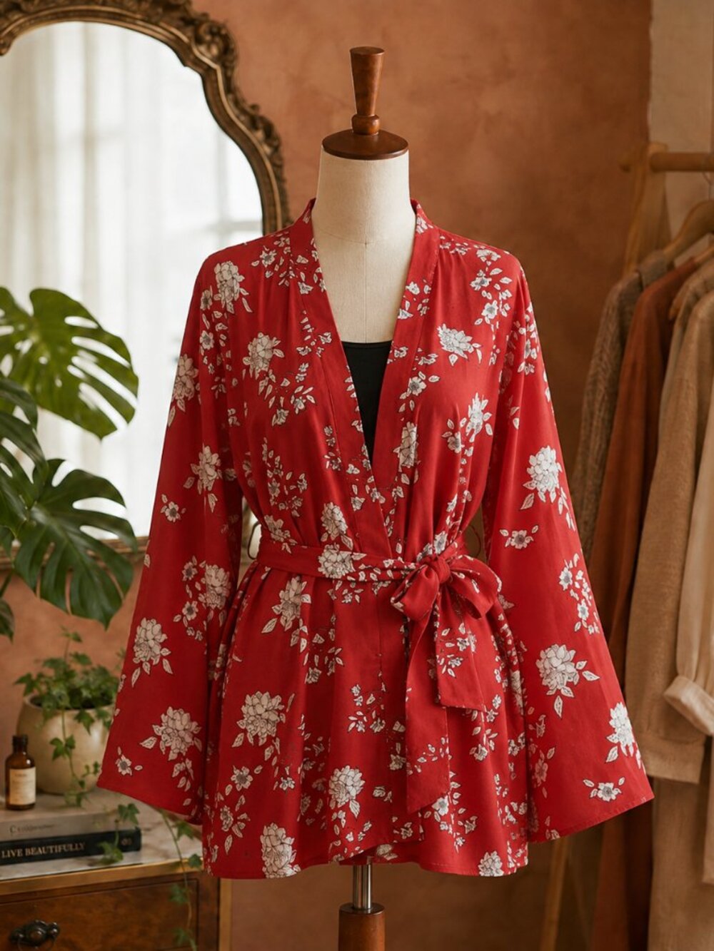 Guess Red Floral Women's Kimono Top